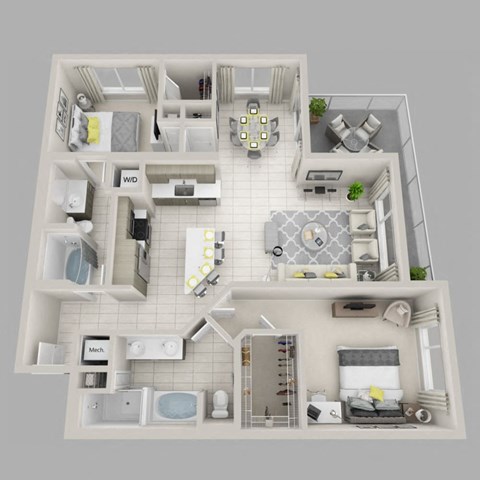 Floor plan for 2 beds, 2 baths, 1293 sqft